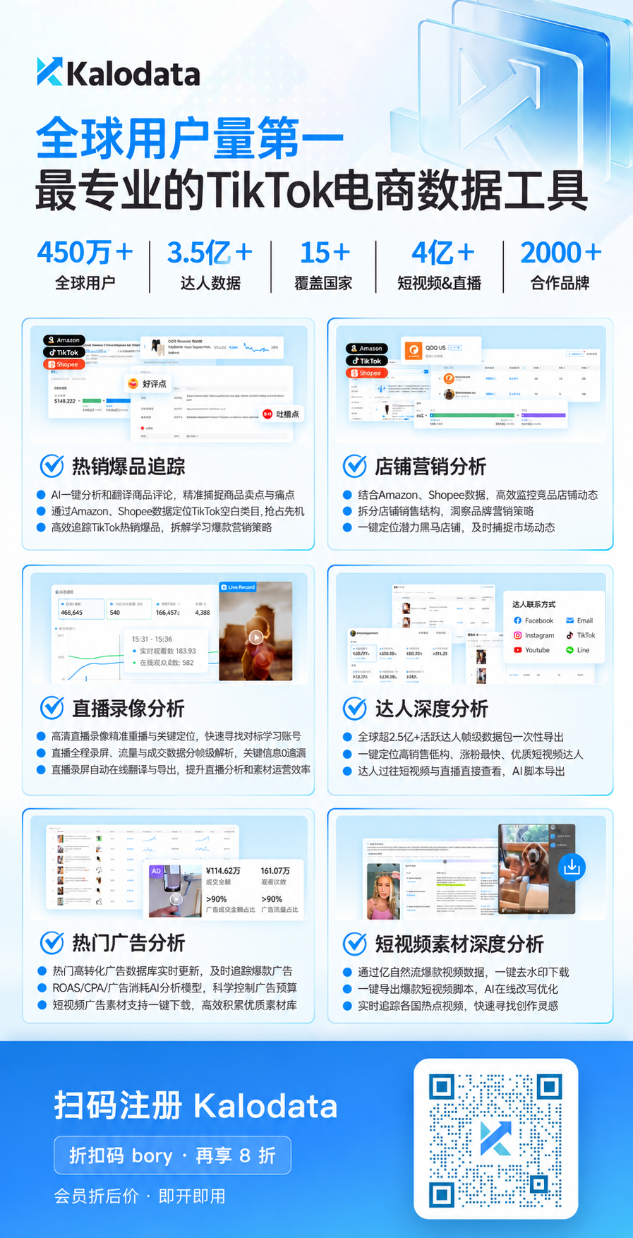 Kalodata 数据工具海报,含注册二维码与折扣码 bory