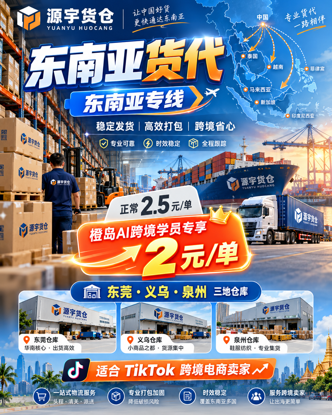 源宇货仓东南亚货代海报,含三地仓库与学员方案